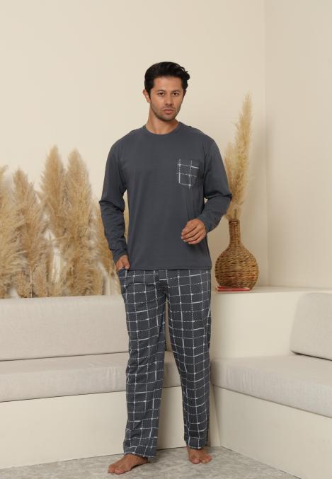 Pijama Barbati ,Maneca si Pantaloni Lungi, Culoare Gri cu Alb,Engros